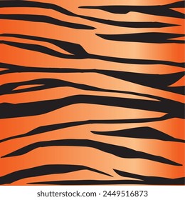 Patrón de impresión animal sin fisuras. Impresión a rayas de tigre repetida con rayas negras sobre fondo degradado naranja. Ropa textil patrón. Ilustración vectorial.
