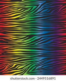 Seamless animal print pattern. Repeating zebra print with black stripes on a rainbow gradient background. Apparel textile pattern. Vector illustration.
