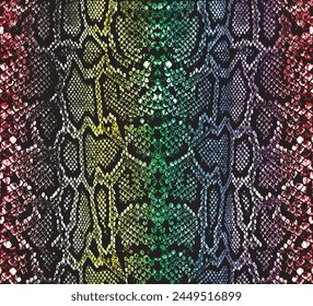 Patrón de impresión animal sin fisuras. Impresión de piel de serpiente repetitiva con escalas negras de aspecto realista sobre un fondo degradado de arco iris. Ropa textil patrón. Ilustración vectorial.
