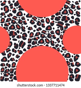 Seamless animal print Vector illustration Abstract background with coral circles and leopard pattern on a white background