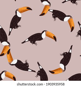 Seamless animal random pattern with black toucan bird print. Lilac background. Fauna hand drawn print. Flat vector print for textile, fabric, giftwrap, wallpapers. Endless illustration.