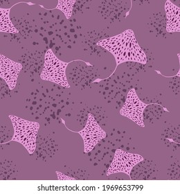 Seamless animal sea pattern with doodle random stingray silhouettes. Pastel purple background with splashes. Designed for fabric design, textile print, wrapping, cover. Vector illustration.