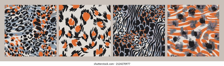 Patrones de moda de piel animal sin foco. Antecedentes geométricos abstractos de rayas y rayadas. Conjunto de texturas decorativas de leopardo, tigre y piel de cebra. Lujosas maletas de estampado textil.