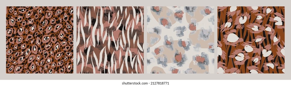 Seamless animal skin fashion patterns. Spotted and striped abstract geometric backgrounds. Set of decorative leopard, tiger and zebra fur textures. Luxury trendy textile print swatches.