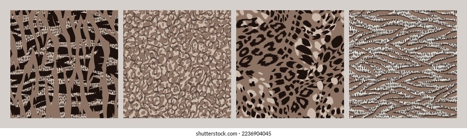 Seamless animal skin fashion patterns. Spotted and striped abstract geometric backgrounds. Set of decorative leopard, giraffe, tiger and zebra fur textures. Curved wavy lines. Geometry optical effects