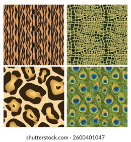 Seamless Animal Skin Pattern Set | Leopard, Zebra, Snake, and Peacock Feather Textures | Wildlife Fur and Exotic Prints