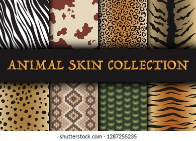 Seamless animal skin patterns set. Safari textile of Giraffe, tiger, zebra, leopard, reptile, cow, snake and jaguar background collection vector illustration.