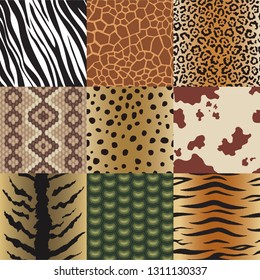 Seamless animal skin patterns set. Safari textile of Giraffe, tiger, zebra, leopard, reptile, cow, snake and jaguar background collection vector illustration.
