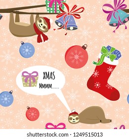 Seamless animal sloths, bells, balls, socks, gift box composition snowflake background. Merry Christmas design. Vector winter illustration in the cartoon flat style