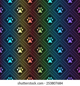 Seamless animal spectrum pattern of paw footprint in repeating rhombus on black background. Dog style. Shiny grunge wallpaper.