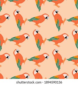 Seamless animal tropic pattern with orange and green colored ara parrot elements. Pastel background. Stock illustration. Vector design for textile, fabric, giftwrap, wallpapers.