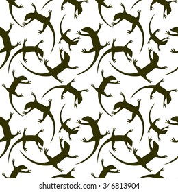  Seamless animal vector pattern, chaotic background with dark reptiles, silhouettes over white backdrop.