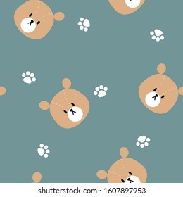 seamless animal wildlife cute teddy bear with paw foot print repeat pattern background, flat vector illustration design character cartoon 