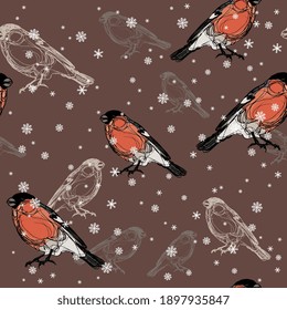 Seamless animal winter pattern with Eurasian bullfinch birds and snowflakes. Pyrrhula pyrrhula.