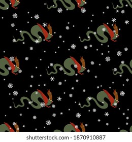 Seamless animal winter pattern with fantastic winged dragons and snowflakes. Medieval Russian folk style.