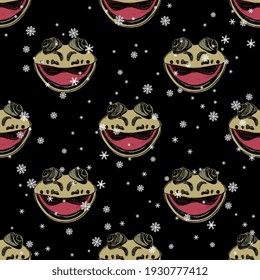 Seamless animal winter pattern with funny faces of smiling frog and snowflakes. Hand drawn rough sketch.