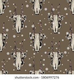 Seamless animal winter pattern with heads of Saiga antelope and snowflakes. (Saiga tatarica). Hand drawn rough sketches.