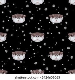 Seamless animal winter pattern with heads of otter and snowflakes. Cartoon style. On black background.