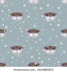 Seamless animal winter pattern with heads of otter and snowflakes. Cartoon style. On light blue background.