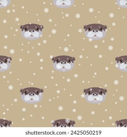 Seamless animal winter pattern with heads of otter and snowflakes. Cartoon style. On beige background.