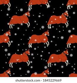 Seamless animal winter pattern with running medieval horses in tournament coat under snowflakes.