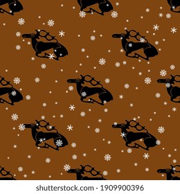 Seamless animal winter pattern with silhouetted elks or deer and snowflakes. Scythian or Permian ethnic style.