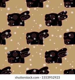 Seamless animal winter pattern with stylized heads of hare or rabbit and snowflakes. Ancient Aztec motif of Mexican Indians.