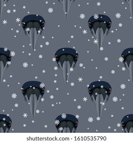 Seamless animal winter pattern with stylized raven's heads and snowflakes.