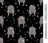 Seamless animal winter pattern with walrus heads and snowflakes. Odobenus rosmarus. Seasonal design. On black background.