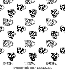 Seamless animalisctic crockery vector pattern on white background. Hand drawn utensil in inky style. Perfect for wallpaper or fabric. Black and white illustration. Tea party
