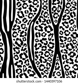 Seamless animalistic black and white print, mix of spots of leopard skins and zebra stripes. The skin of the fantastic beast zebrapard. Great for decorating fabrics, printed materials, advertising.