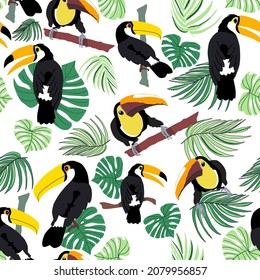 Seamless animalistic botanical pattern with toucans and tropical plants, branches, and monstera on a white background in digital flat vector design 
