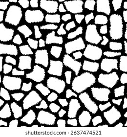 Seamless animalistic giraffe skin pattern. Fashionable black and white fluffy background. Hand drawn animal texture for print, textile, fabric, packaging.