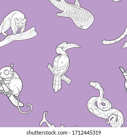 Seamless Animalistic pattern with Hornbill, tarsier, whale shark, cat and snake on pink background. Vector illustration. Cartoon, doodle style. Paper, web, Textile. Philippines, Bohol island sights. 