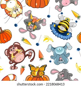 Seamless animalistic pattern with kids toys, vegetables, and lollipops 