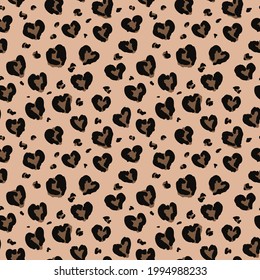 Seamless animalistic pattern. Leopard with abstract hearts. Design for paper, textiles and decor. Vector illustration.