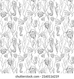 Patrón animalista sin foco con criaturas marinas y algas en técnica doodle sobre fondo blanco