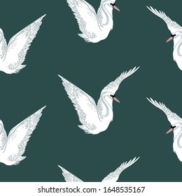 
Seamless animalistic pattern with swan for surface design. Graceful swan spread its wings on a dark background
