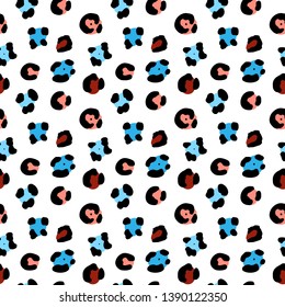 Seamless animalistic vector pattern on white background. Hand drawn colorful leopard spots. Perfect for wallpaper or fabric.