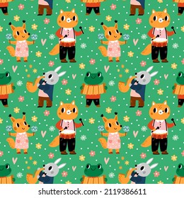 Seamless animals musicians. Cartoon forest characters play musical instruments. Cute zoo orchestra. Hare saxophonist and fox drummer. Jazz band party. Squirrel and frog