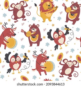 Seamless animals musicians. Funny musical orchestra characters. Forest inhabitants play various instruments. Jazz music band. Kids backdrop. Performers with drum or guitar. Vector pattern
