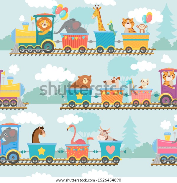 Seamless\
animals on train pattern. Happy animal in railroad car, trains trip\
and children. Elephant, tiger and giraffe on locomotive wrapping,\
wallpapper or fabric cartoon vector\
illustration