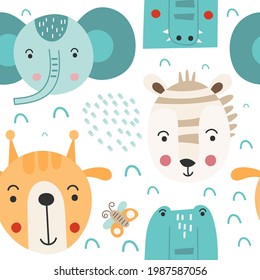 Seamless animals pattern baby fabric print. Vector patterns design kids illustration. Safari animals zebra, giraffe, crocodile.
