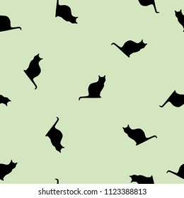 Seamless animals pattern black cats silhouette isolated on green background, vector, eps 10