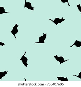 Seamless animals pattern black cats on blue background, vector, eps 10