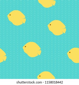 Animales sin foco que se caracterizan por la natación de peces tropicales amarillos y las olas en fondo azul. Ilustración gráfica divertida para niños, papel mural para la vida marina en el baño, dibujos animados submarinos, vectoriales 10