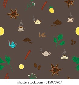 Seamless anise, coffee, cinnamon and tea pattern. Seamless pattern can be used for wallpaper, web background, design, textile.