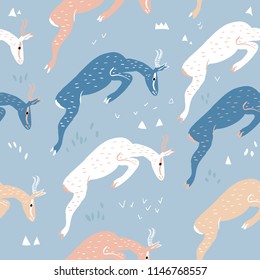 Seamless antelopes pattern in african style. Creative simple animal texture for fabric, wrapping, textile, wallpaper, apparel. Vector illustration of jamping antelopes in pastel colors