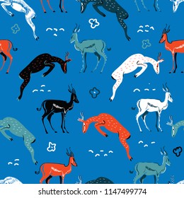 Seamless antelopes pattern in african style. Creative simple animal texture for fabric, wrapping, textile, wallpaper, apparel. Vector illustration of jamping and staying antelopes in bright colors