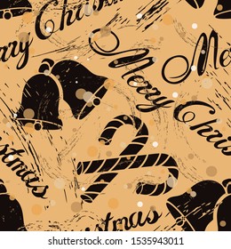 Seamless antique pattern with Christmas inscription, candy cane and jingle bells in old retro style. Repeated vintage pattern grunge design for wrapping paper or background. Craft paper imitation. 